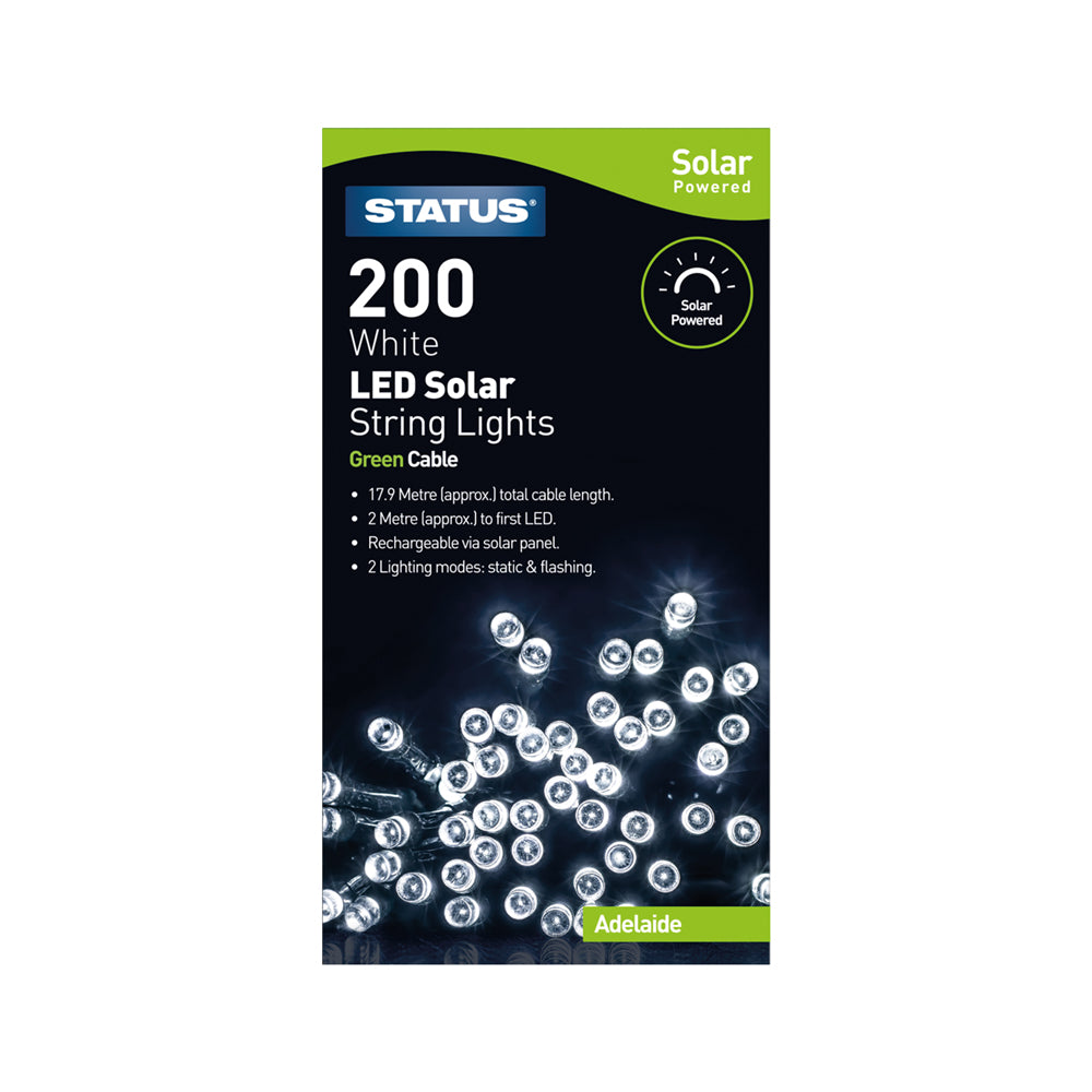 Adelaide - 200 - White - LED - Solar - String Lights - 2 Functions - Green Cable - 19.9 Metres Total Cable Length - 2 Metres To First LED Light - Rechargeable Battery Included - IP44 - 1 Pack Glossy Box