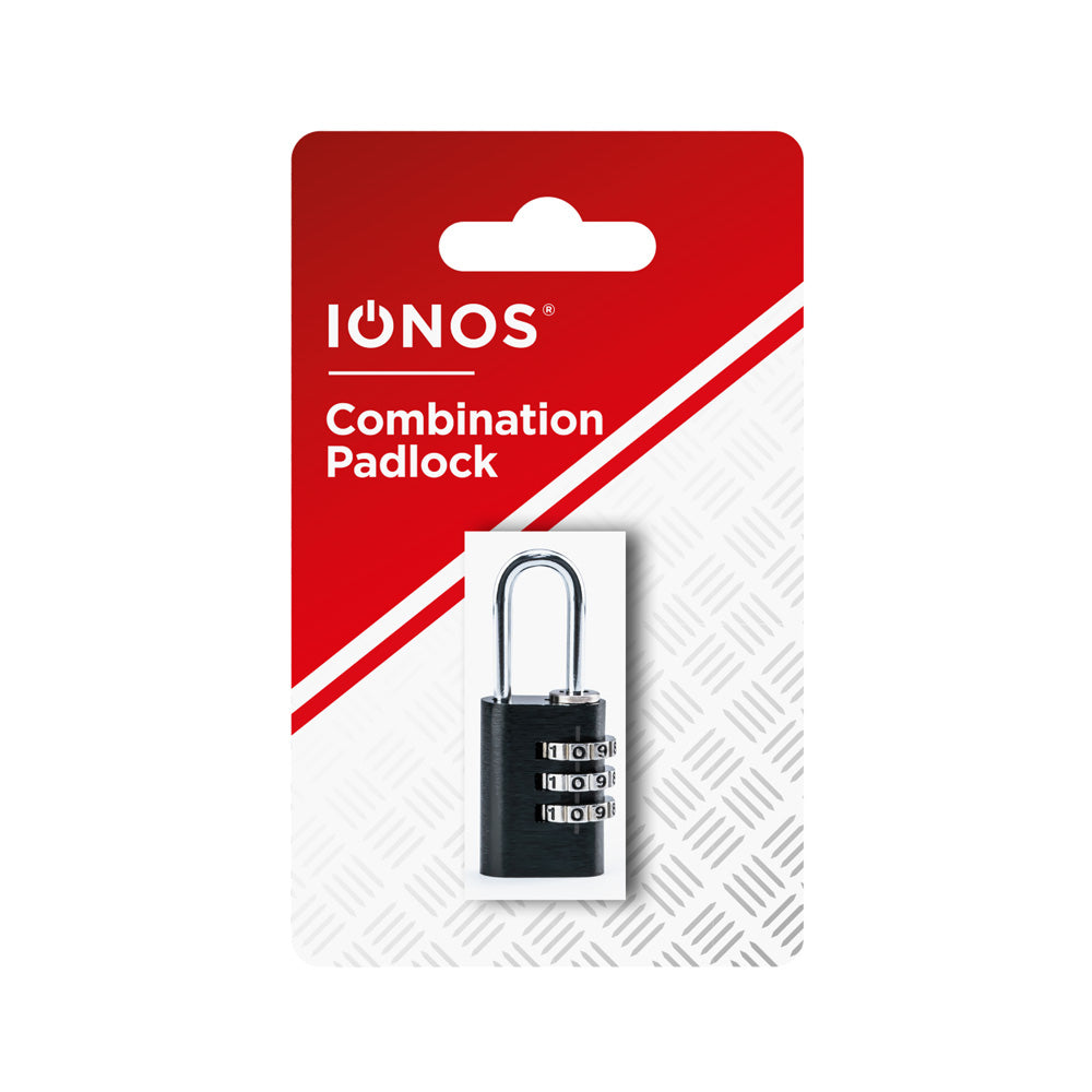 Aluminium Combination Padlock - steel shackle - zinc alloy cyclinder - brass code wheel (3 numbers) - Black - Ionos - 1 pk - in a Trapped Box