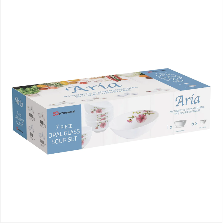 Aria Beautiful Opal 7 Piece White Glass Bowl and Soup Set Blue Floral