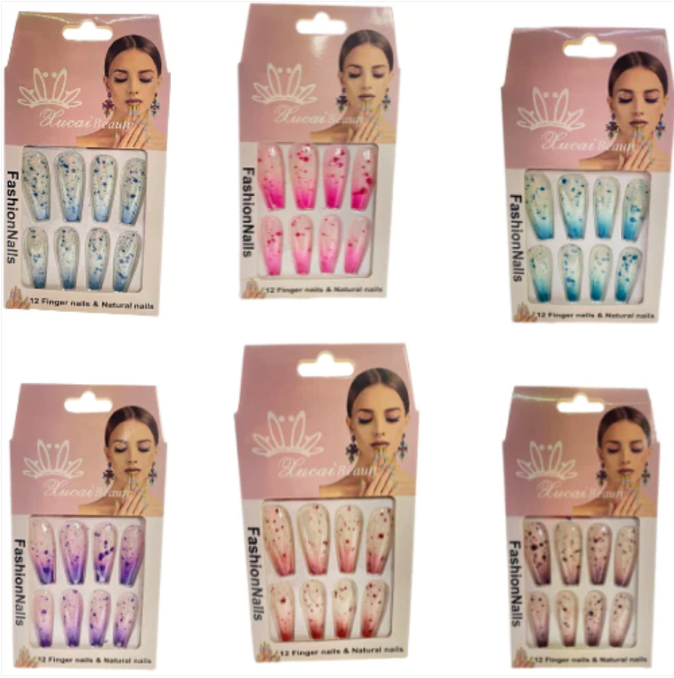 Artificial Fake Nail Extensions Coffin Tip Splash Art 12pc Assorted Colours