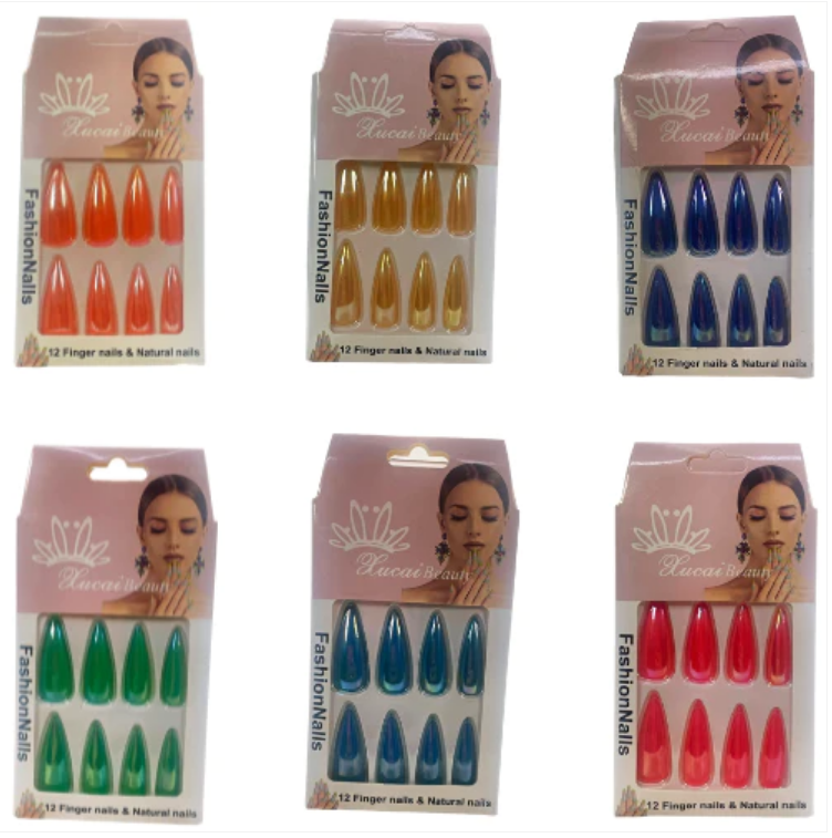 Artificial Fake Nail Extensions Stiletto Tip 12pc Assorted Colours