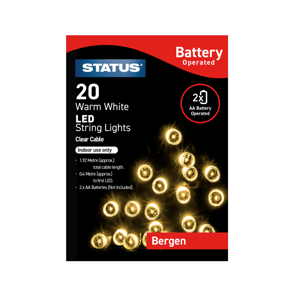 Bergen - 20 - LED - Warm White - Indoor - Battery Operated - String Lights - On/Off Function - Clear Cable - 1.52 Metre Total Cable Length - 0.4 Metres To First LED Light - 1 Pack Glossy Box