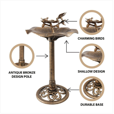 Bird Bath Bronze Effect With Bird Figurines And Feed Tray
