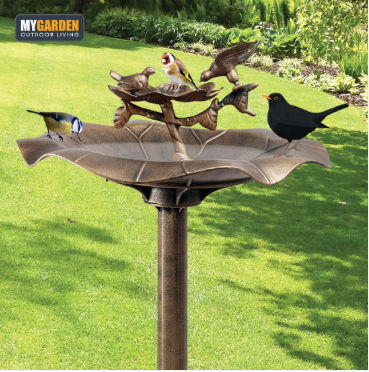 Bird Bath Bronze Effect With Bird Figurines And Feed Tray