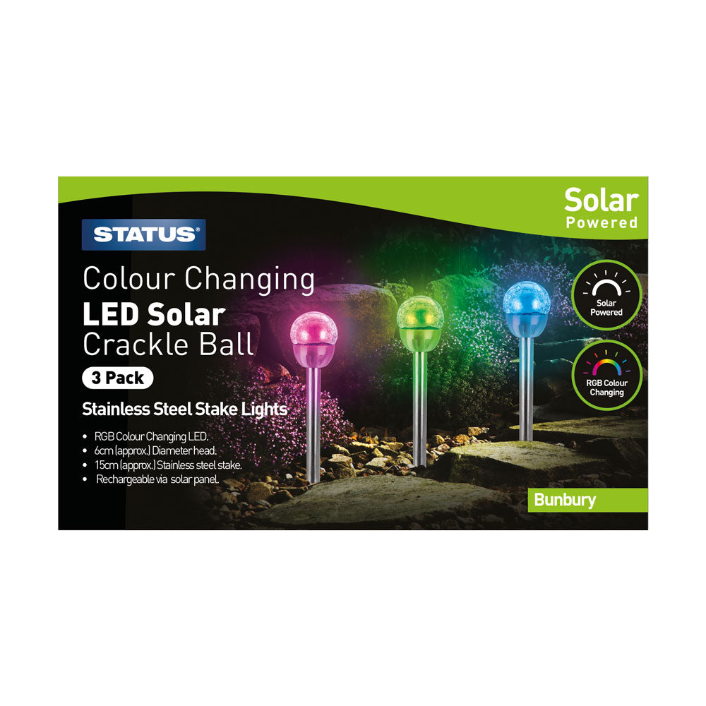 Bunbury - 6cm - Colour Changing - LED - Solar - Stake Light - Crackle Glass Ball -Stainless Steel - Rechargeable Battery Included - Colour CDU