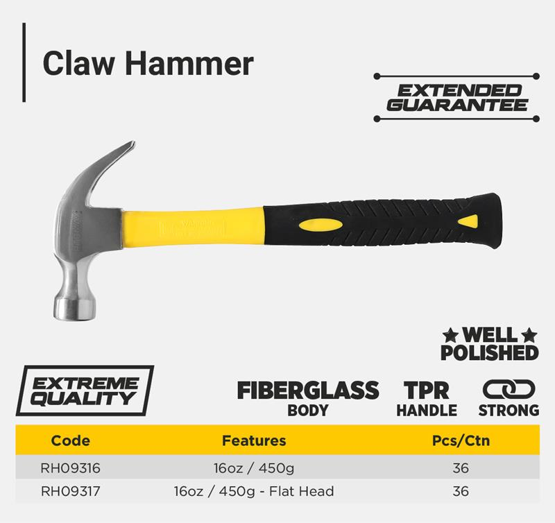 CLAW HAMMER FIBERGLASS HANDLE 16OZ FLAT HEAD