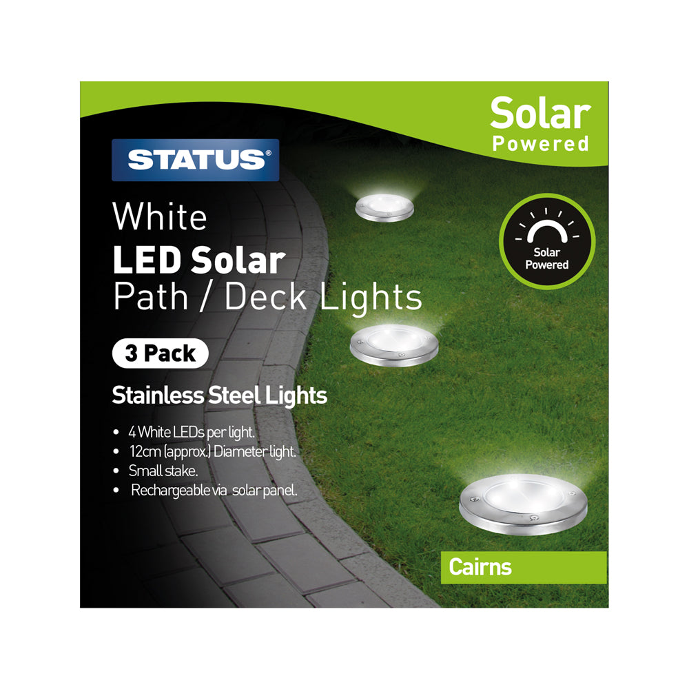 Cairns - 12cm Diameter - White - LED - Solar - Deck Light - Stainless Steel - 4 led's - Rechargeable Battery Included - 3 Pack Glossy Box