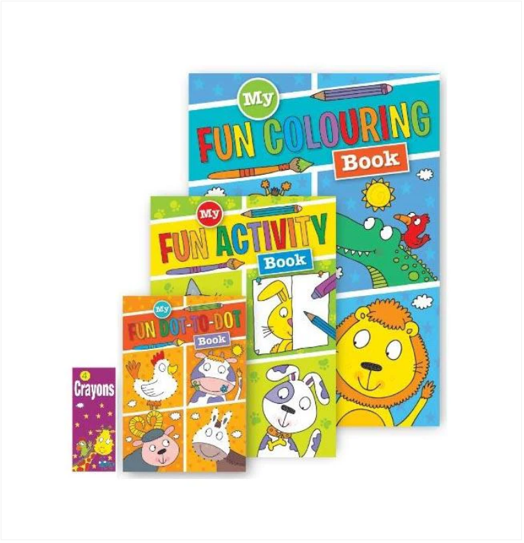 Children's Fun Activity Spiral Colouring book x 3 With 1 Pack Crayons