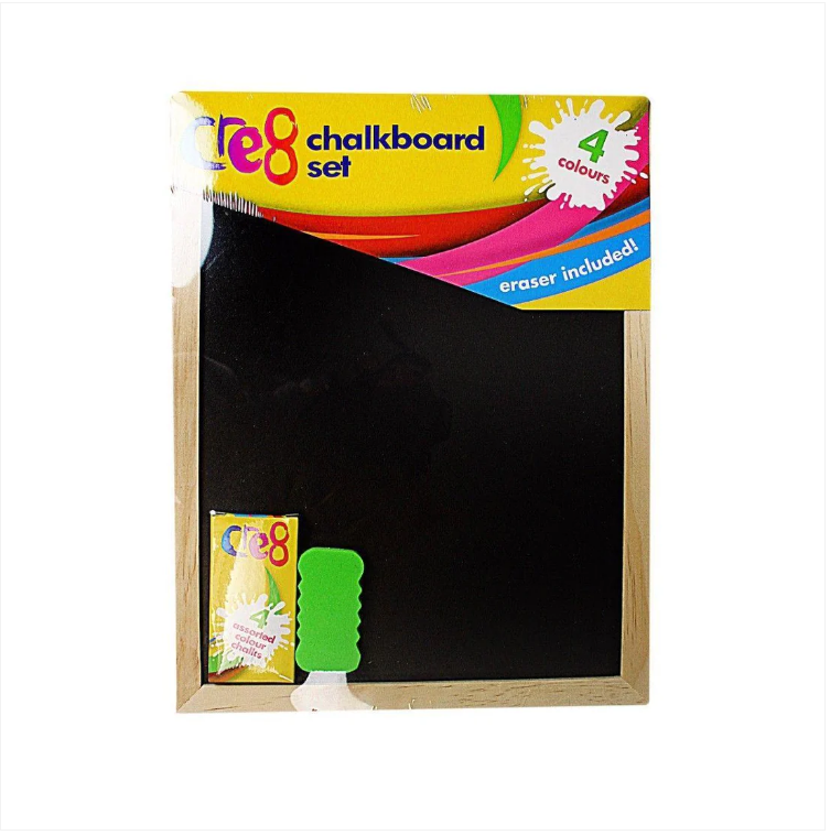 Childrens Black Chalkboard Set Includes 4 Coloured Chalks & Eraser 30cm x 23cm