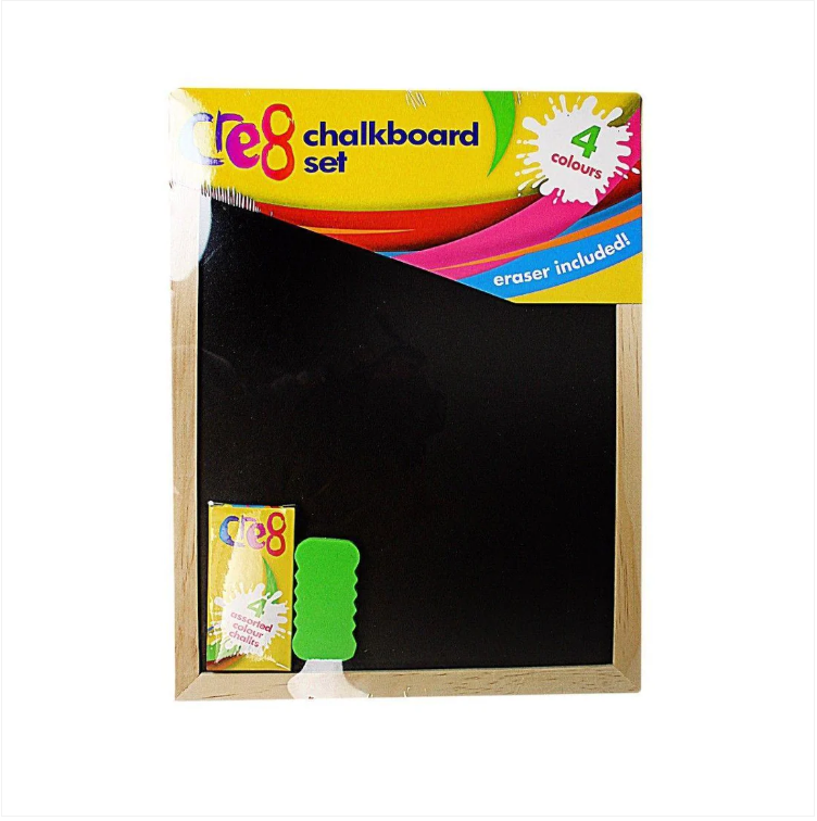 Childrens Black Chalkboard Set Includes 4 Coloured Chalks & Eraser 30cm x 23cm