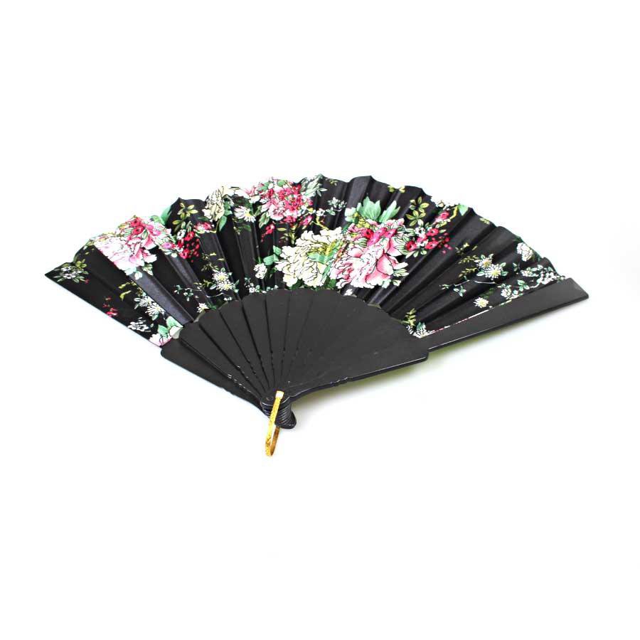 Chinese Folding Black Frame Peony Pattern Nylon Handheld Mini Folding Hand Fan