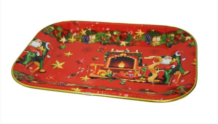 Christmas Festive Serving Tray Xmas Print Plastic Serving Gold Rim Tray 30cm x 23cm