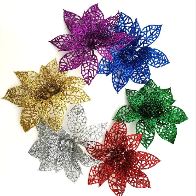 Christmas Tree Decoration Poinsettia Flower Glitter with Clip Assorted Colours