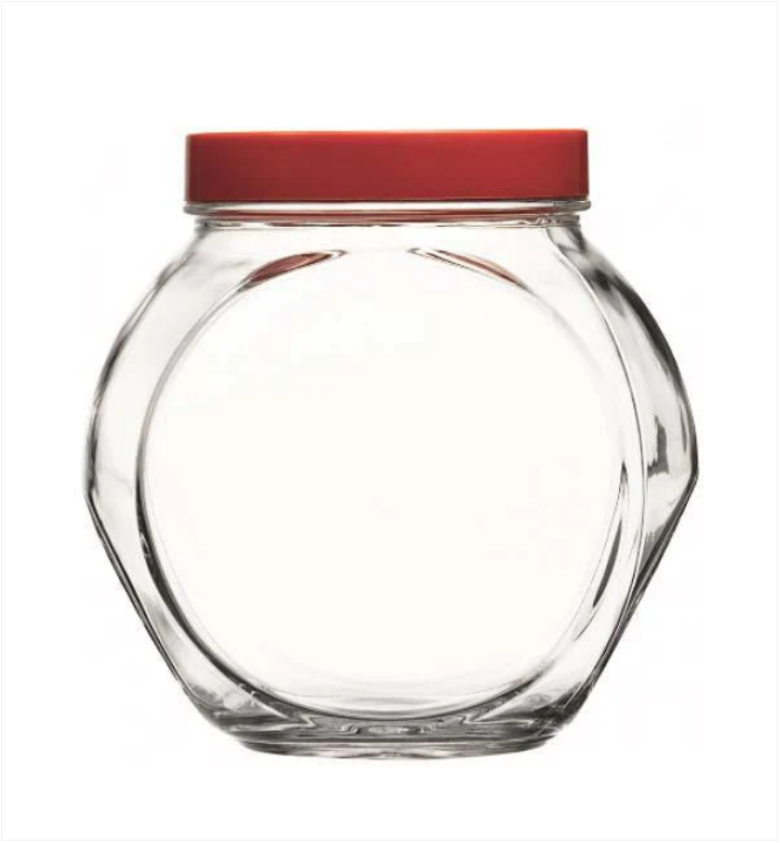 Clear Glass Bella Jar With Red Lid Sweets Food Storage Glass Jar With Plastic Lid 1.5 Litre