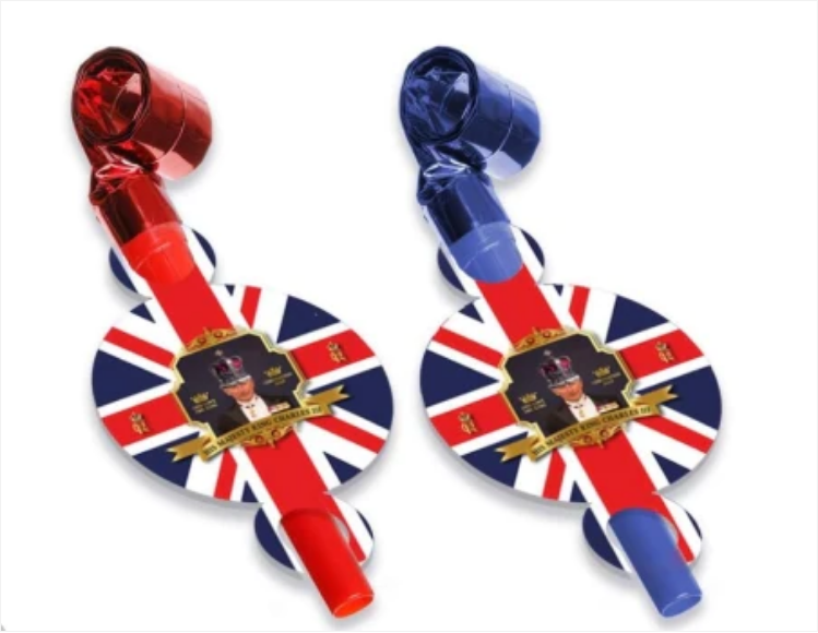 Coronation "His Majesty King Charles III" Blow Horns Pack of 6 King Charles III Assorted Colours