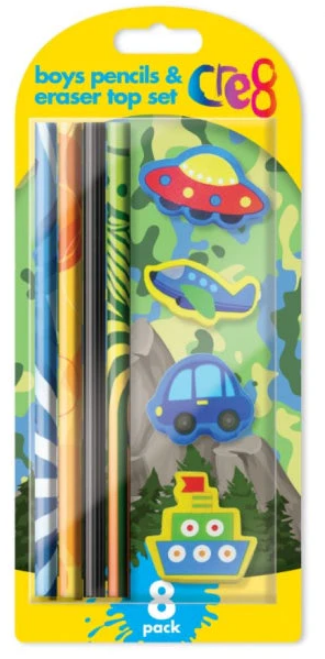 Cre8 Boys Pencil and Eraser Set Pack of 8