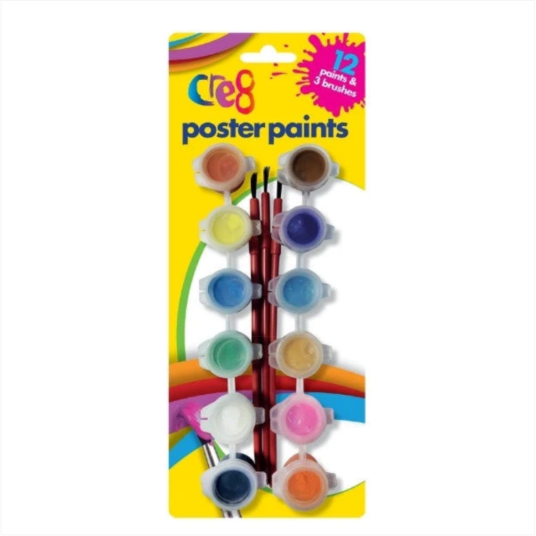 Cre8 Poster Paints Childrens Fun 12 Colours With Brushes