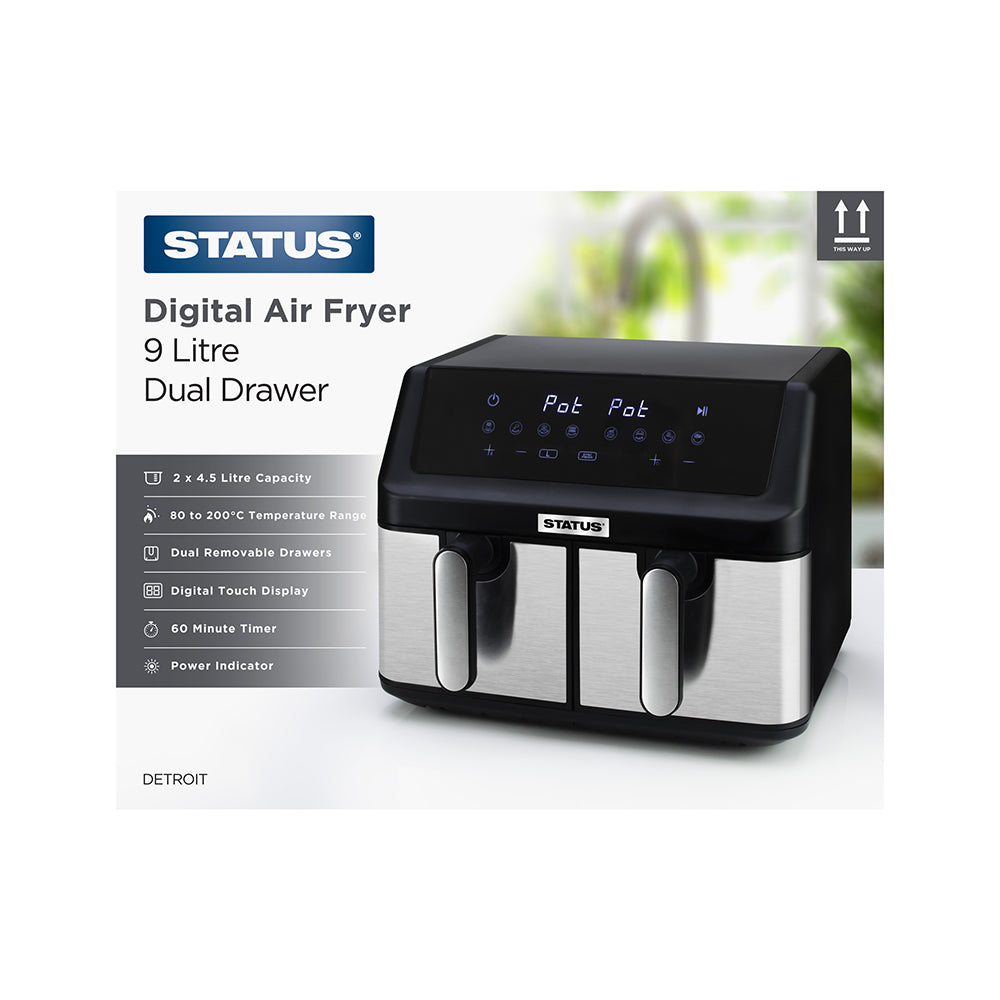 Detroit-9 litre Dual Pot (4.5+4.5)- Black -Digital- 1000W + 1000W- Air Fryer - 1 pk - in Glossy Retail Box