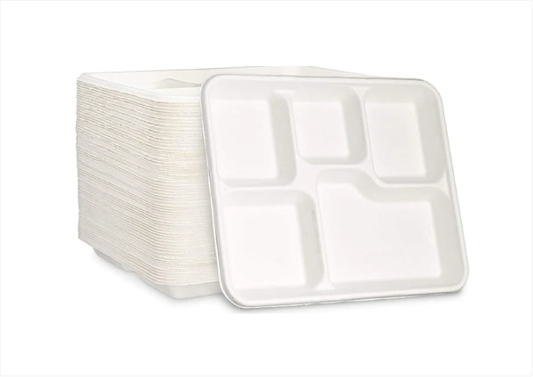 Disposable Compostable Eco-Bio Bagasse Sugarcane 5 Compartment Shallow Tray Pack of 25