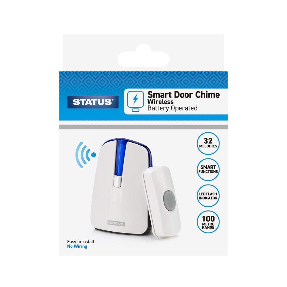 Door Chime - White - Battery Operated - with strobe - Cable Free - 1 pk - in a box