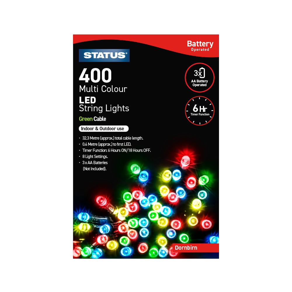 Dornbirn - 400 - Multi Coloured - LED - Indoor/Outdoor - Battery Powered - String Lights - 8 Functions - 6 Hr Timer - Green Cable - 32 Metre Cable Length - 0.4 Metres To First LED Light - IP44 Rated - 3 x AA Batteries (Not Included) - 1 Pk Glossy Box