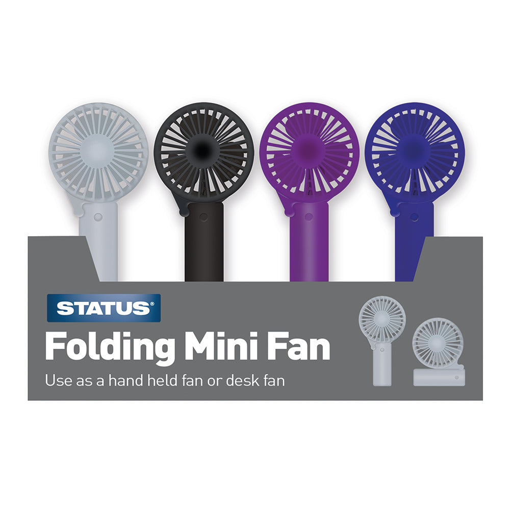 Dual Position Hand Held Mini Fan - Air Blast - 4 x Black 4 x Grey 4 x Purple 4 x Blue - 2 x AA Batteries Included - in Colour CDU