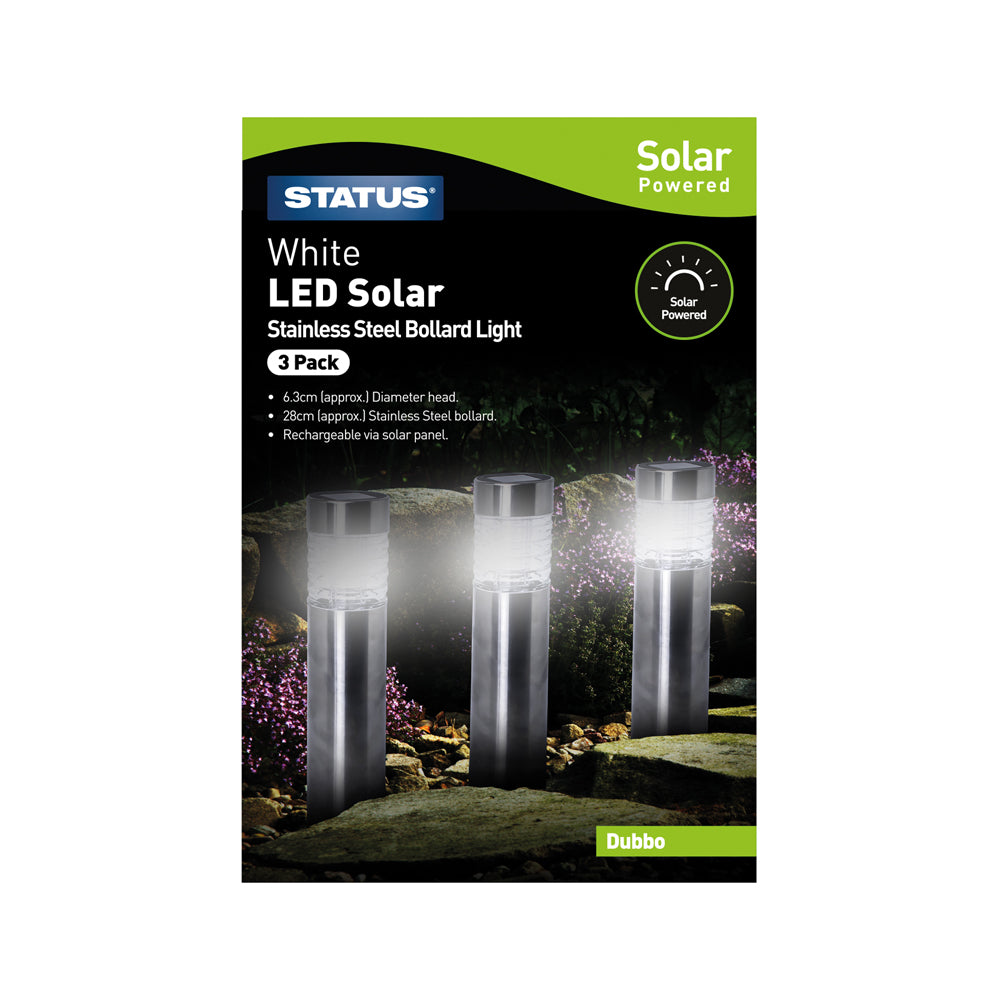 Dubbo - 6.3cm - white LED - Solar - Bollard Stake Light - Stainless Steel - Rechargeable Battery Included - 3 pack colour box