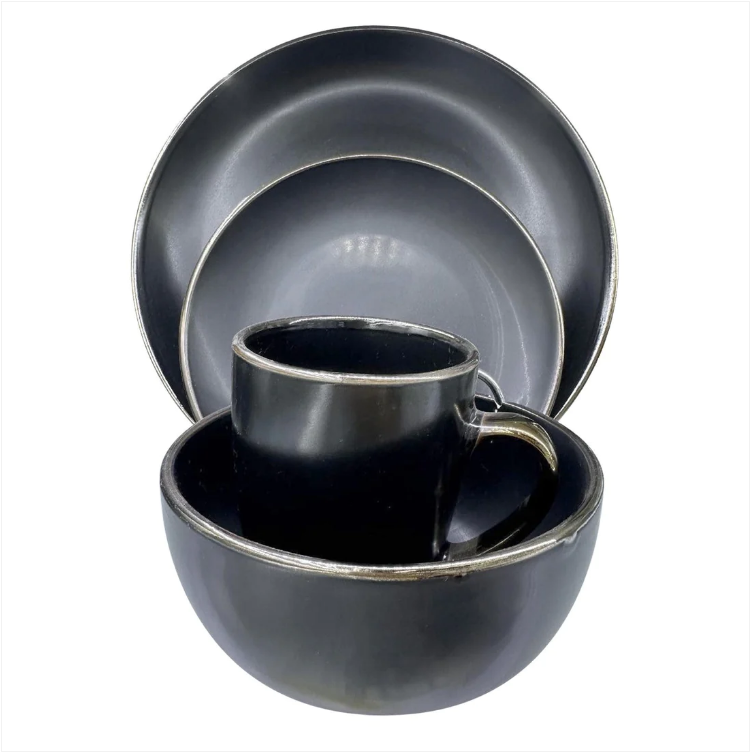 Durane Gold Rim Dinnerware Set 16pc Black
