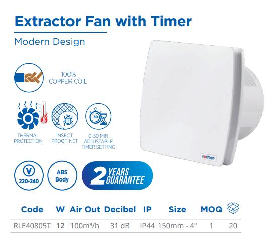 EXTRACTOR FAN, 12W, 100M3/H, 220 50/60Hz, Timer