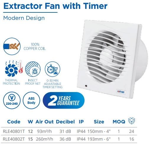 EXTRACTOR FAN,12W, 93m3/h, 220 50/60Hz, Timer