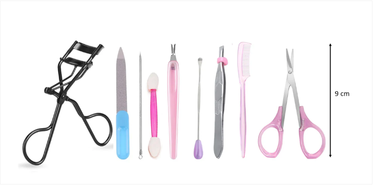 Eyelash Curler and Mini Beauty Tools Set of 9 Assorted Tools
