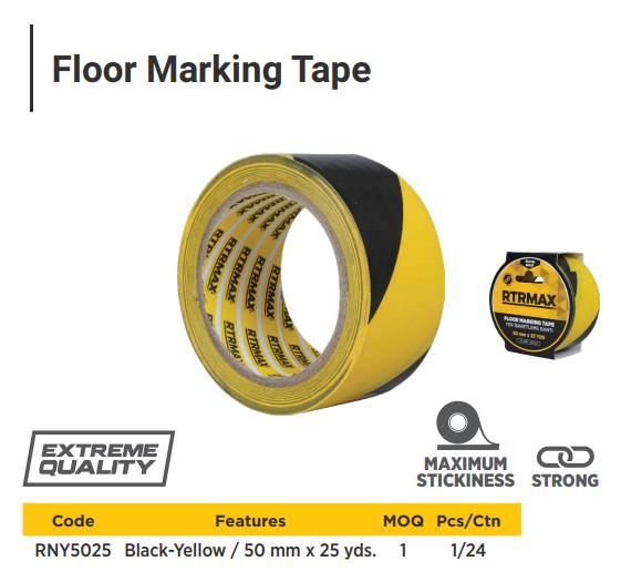 FLOOR MARKING TAPE YELLOW-BLACK 50MM*25YDS "RTR"