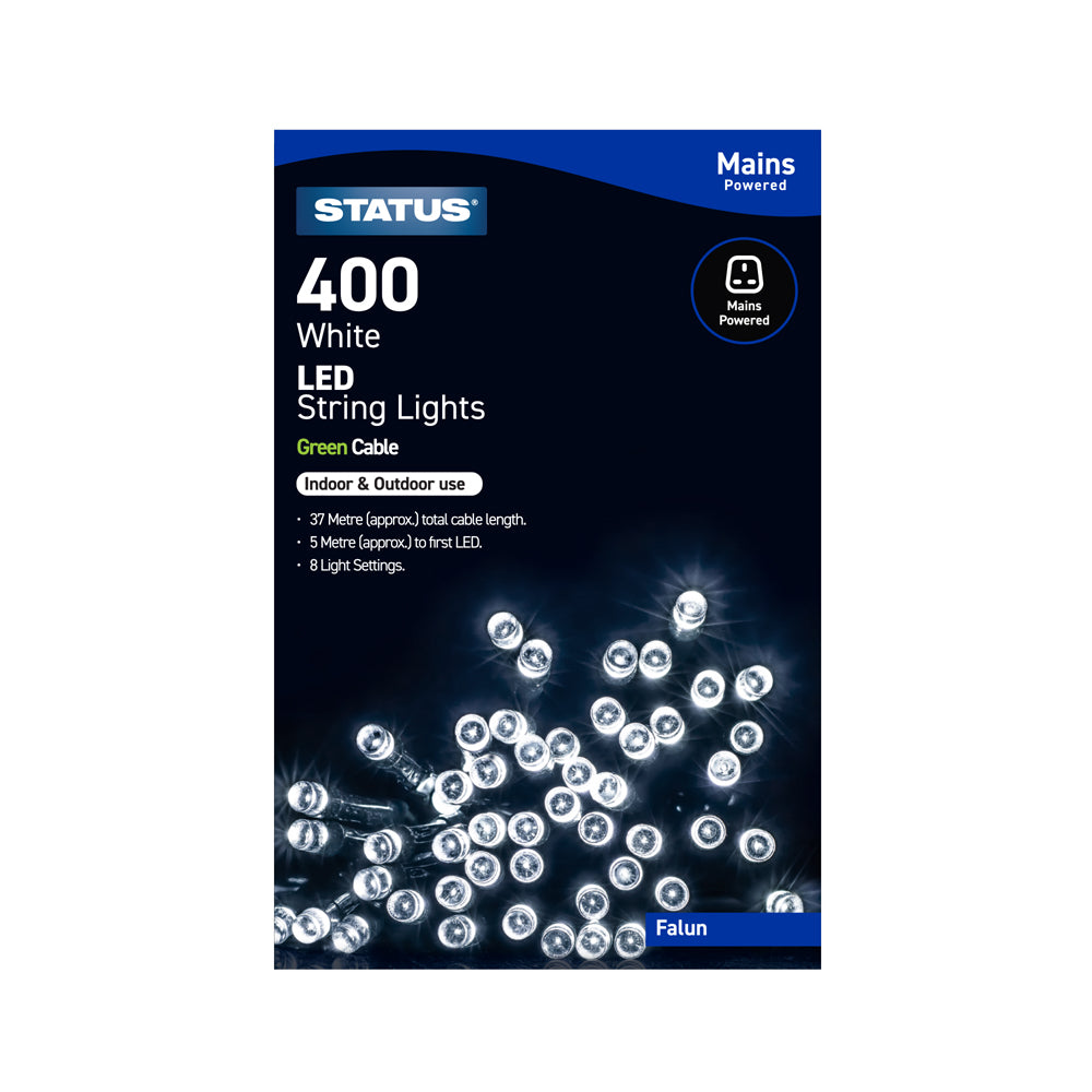 Falun - 400 - White - LED - Indoor/Outdoor - Mains Powered - String Lights - 8 Functions - Green Cable - 37 Metre Total Cable Length - 5 Metres To First LED Light - IP44 Rated - 1 Pack Glossy Box