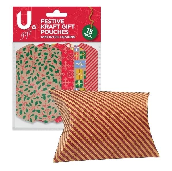 Festive Kraft Gift Pouches, 15pk, 4 Asst