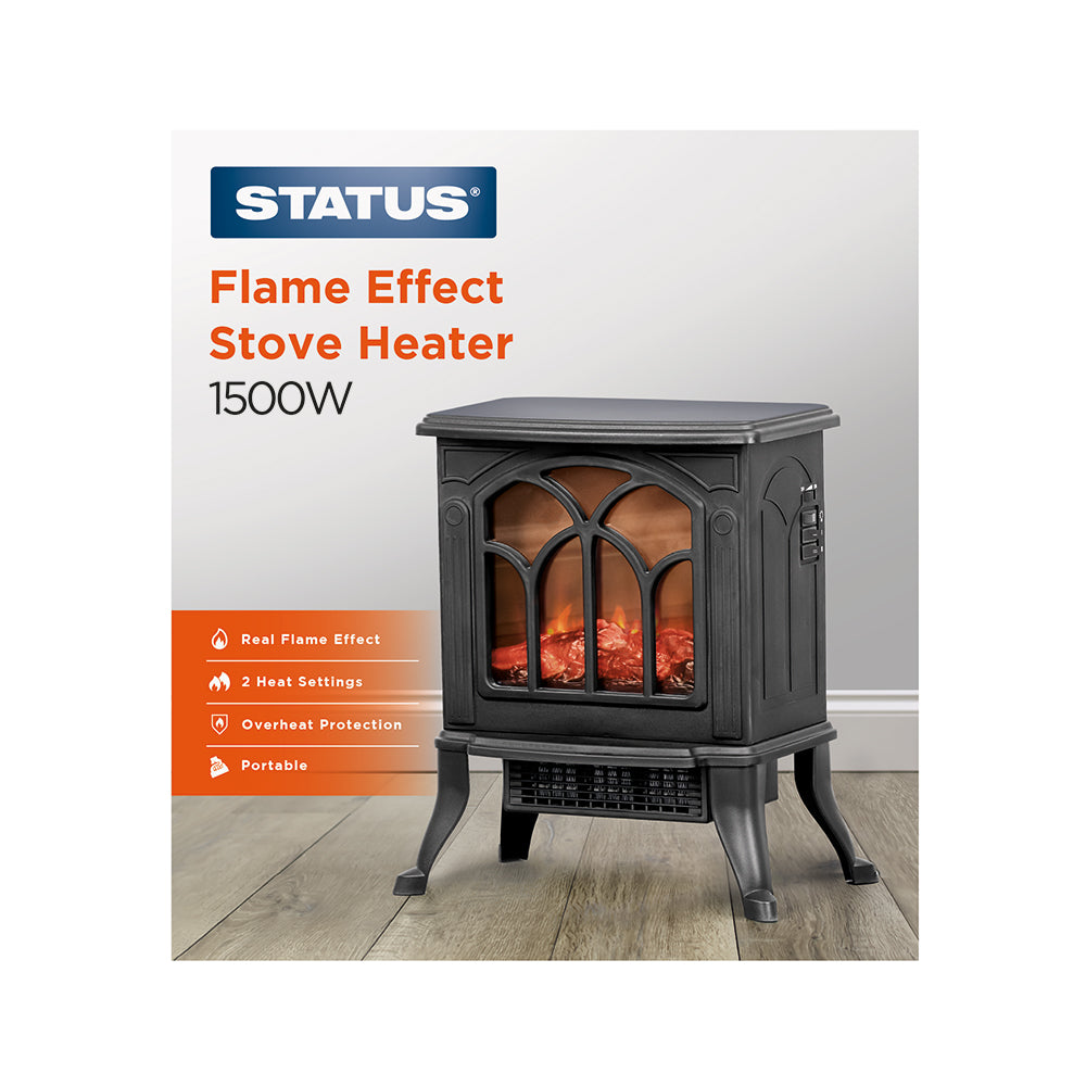 Flame Effect Stove Fan Heater - 1500w - Black - 2 Heat Settings - with Adjustable Thermostat - 1 pk - in Glossy Retail Box