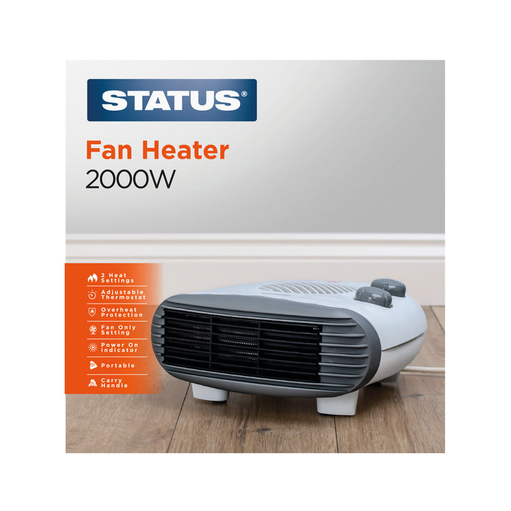 Flat Fan Heater - 2000w - White - 2 Heat Settings - with Adjustable Thermostat - 1 pk - in Glossy Retail Box- 6pcs Per Outer Case
