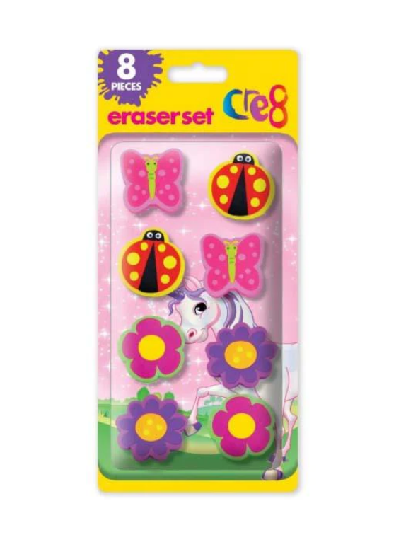 Girls Assorted Cre8 Eraser Set Pink Floral Lady Bird Butterfly Erasers 8 Pack