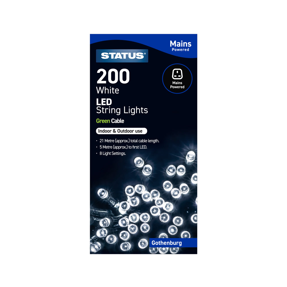 Gothenburg - 200 - White - LED - Indoor/Outdoor - Mains Powered - String Lights - 8 Functions - Green Cable - 21 Metre Total Cable Length - 5 Metres To First LED Light -IP44 (Light Chain Only) - 1 Pack Glossy Box