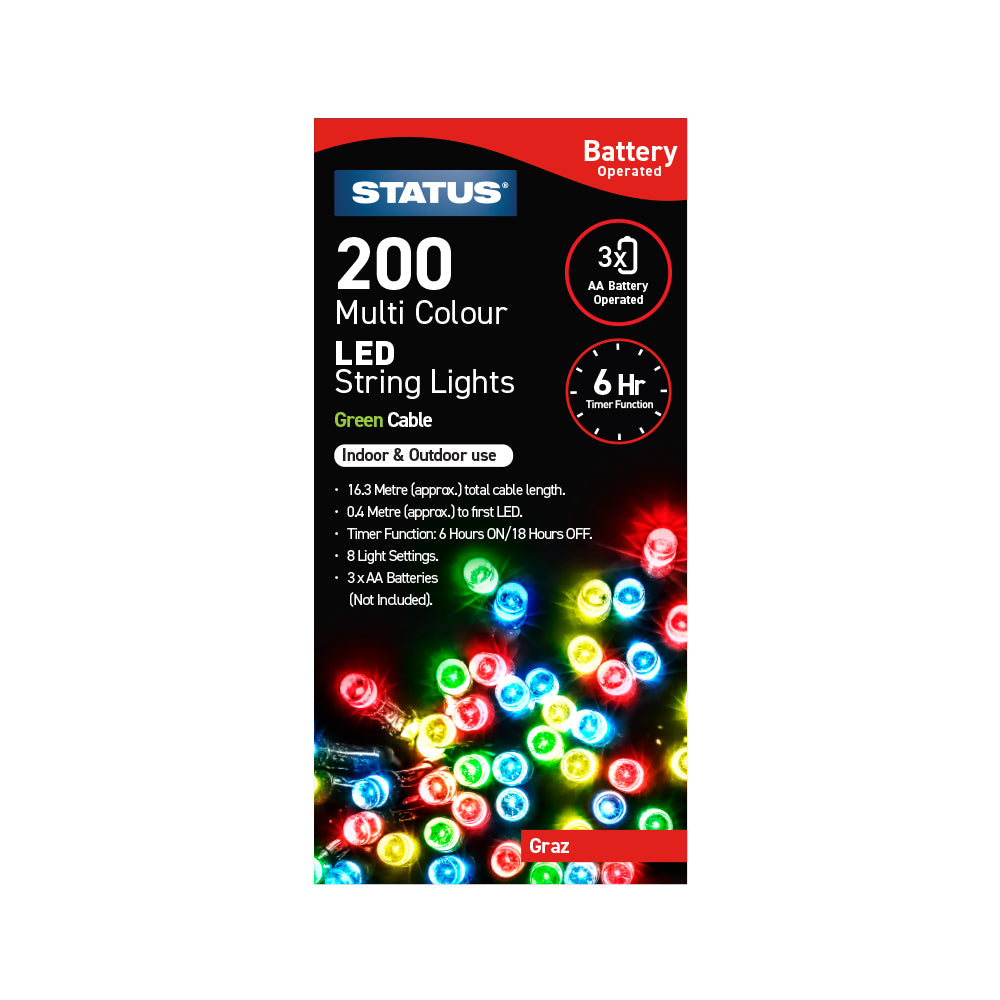 Graz - 200 - Multi Coloured - LED - Indoor/Outdoor - Battery Operated - String Lights - 8 Functions - 6 Hr Timer - Green Cable - 16.3 Metre Total Cable Length - 0.4 Metres To First LED Light - IP44 Rated - 3xAA Batteries (Not Included) - 1 Pk Glossy Box