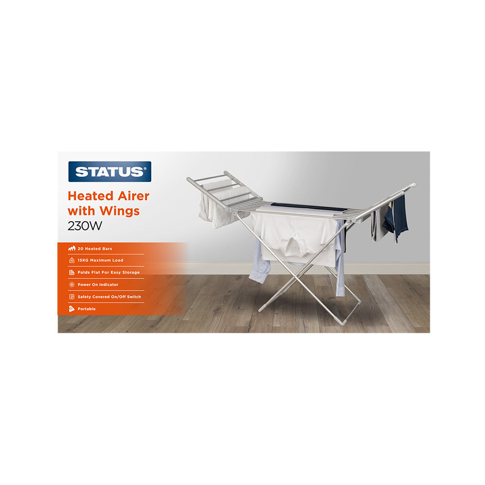 Heated Clothes Airer With Wings - 230w - Silver - 20 Heated Bars - Portable - 1 pk - in Glossy Retail Box