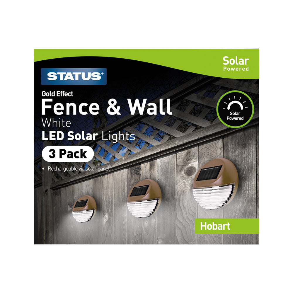 Hobart - White - LED - Solar - Gold Fence Lights - Rechargeable Battery Included - IP44 - 3 Pack Glossy Box