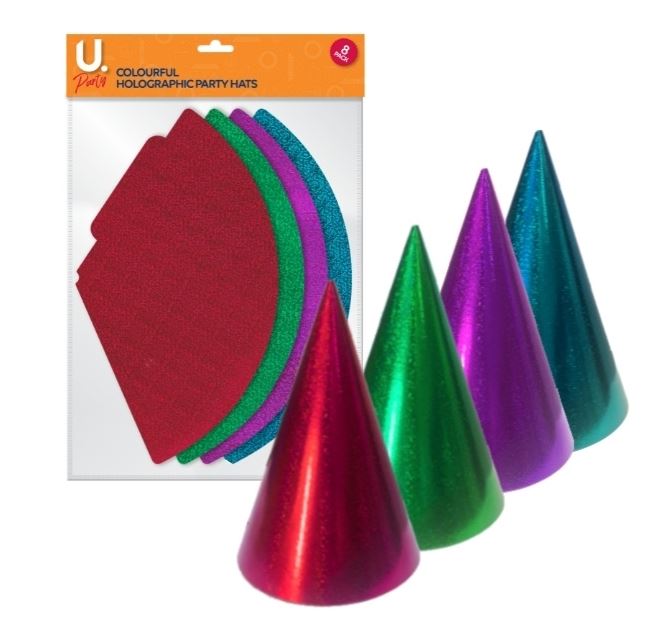 Holographic Party Hats Colourful, 8pk
