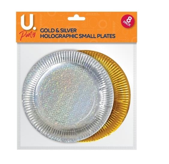 Holographic Small Plates Gold & Silver, 8pk