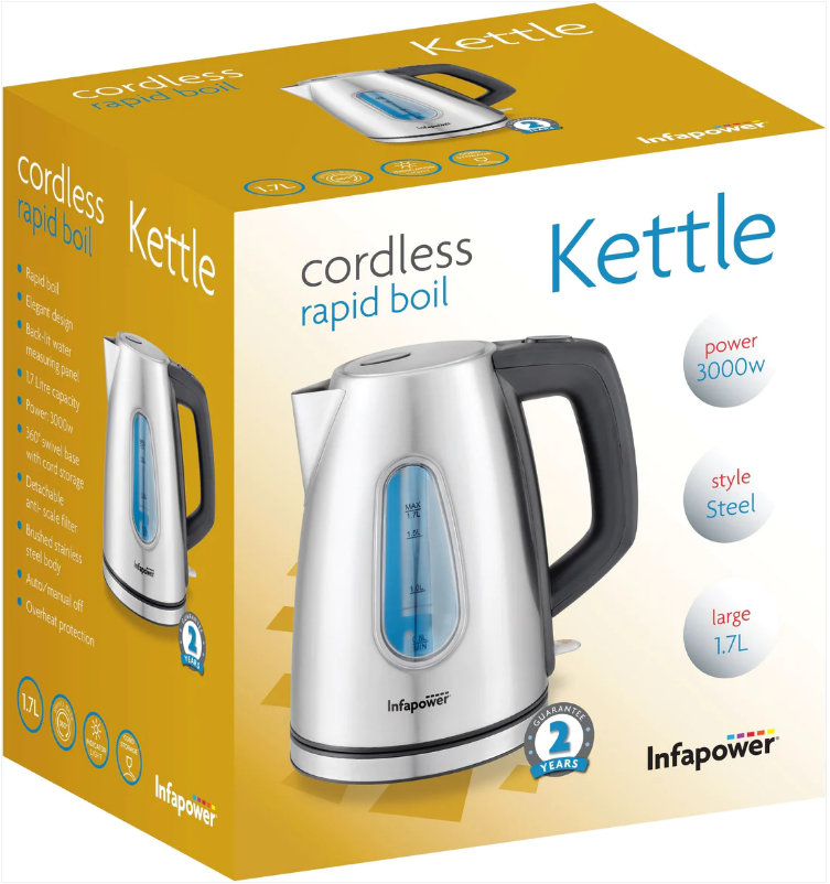 Infapower Cordless Rapid Boil Steel Kettle 3000W 1.7L