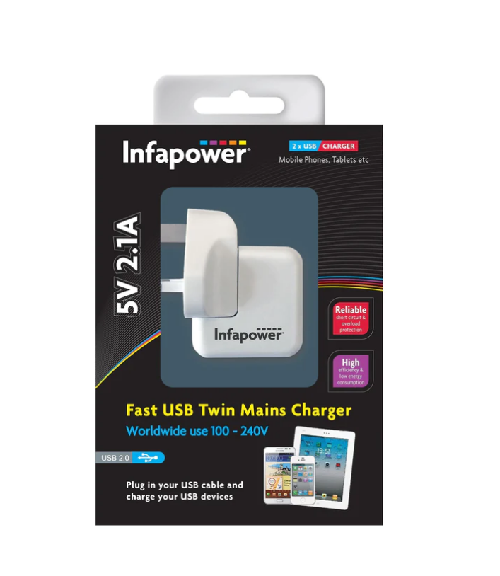 Infapower Fast USB Twins Mains Charger 5v Short Circuit Protection