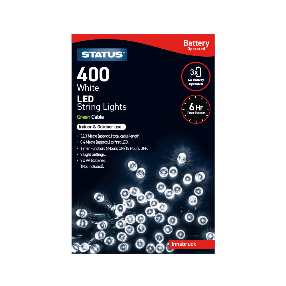 Innsbruck - 400 - White - LED - Indoor/Outdoor - Battery Operated - String Lights - 8 Functions - 6 Hr Timer - Green Cable - 32.3 Metre Total Cable Length - 0.4 Metres To First LED Light - IP44 Rated - 3 x AA Batteries (Not Included) - 1 Pk Glossy Box