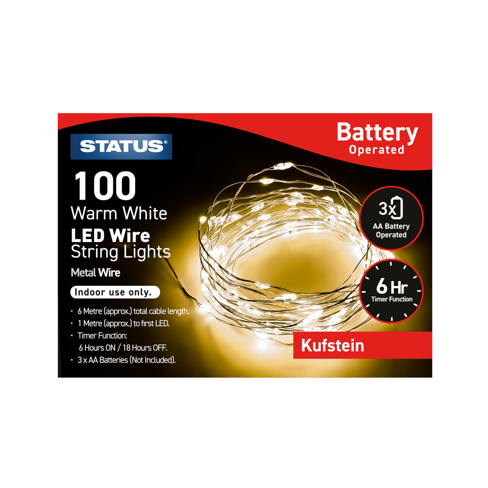Kufstein - 100 Micro - Warm White - LED - Indoor - Battery Operated - Wire Lights - 8 Functions - 6 Hour Timer - Silver Cable - 6 Metre Total Cable Length - 1 Metre To First LED Light - IP20 Rated - 3 x AA Batteries (Not Included) - 1 Pack Glossy Box