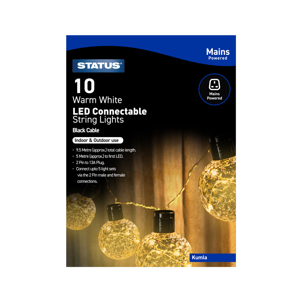 Kumla - 10 Connectable Party Lights - Warm White - LED - Indoor/Outdoor Use - Mains Powered - Black Cable - 5 Warm White micro LEDs Per Bulb - 5M Lead Total Length - 4.5M Light Length - 2 pin connector- IP44 Rated - 1 pack Glossy Box