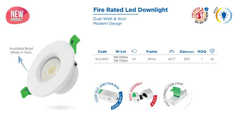 LED FIRE RATED DOWNLIGHT, 5W/7W selectable 4CCT AC200-240V