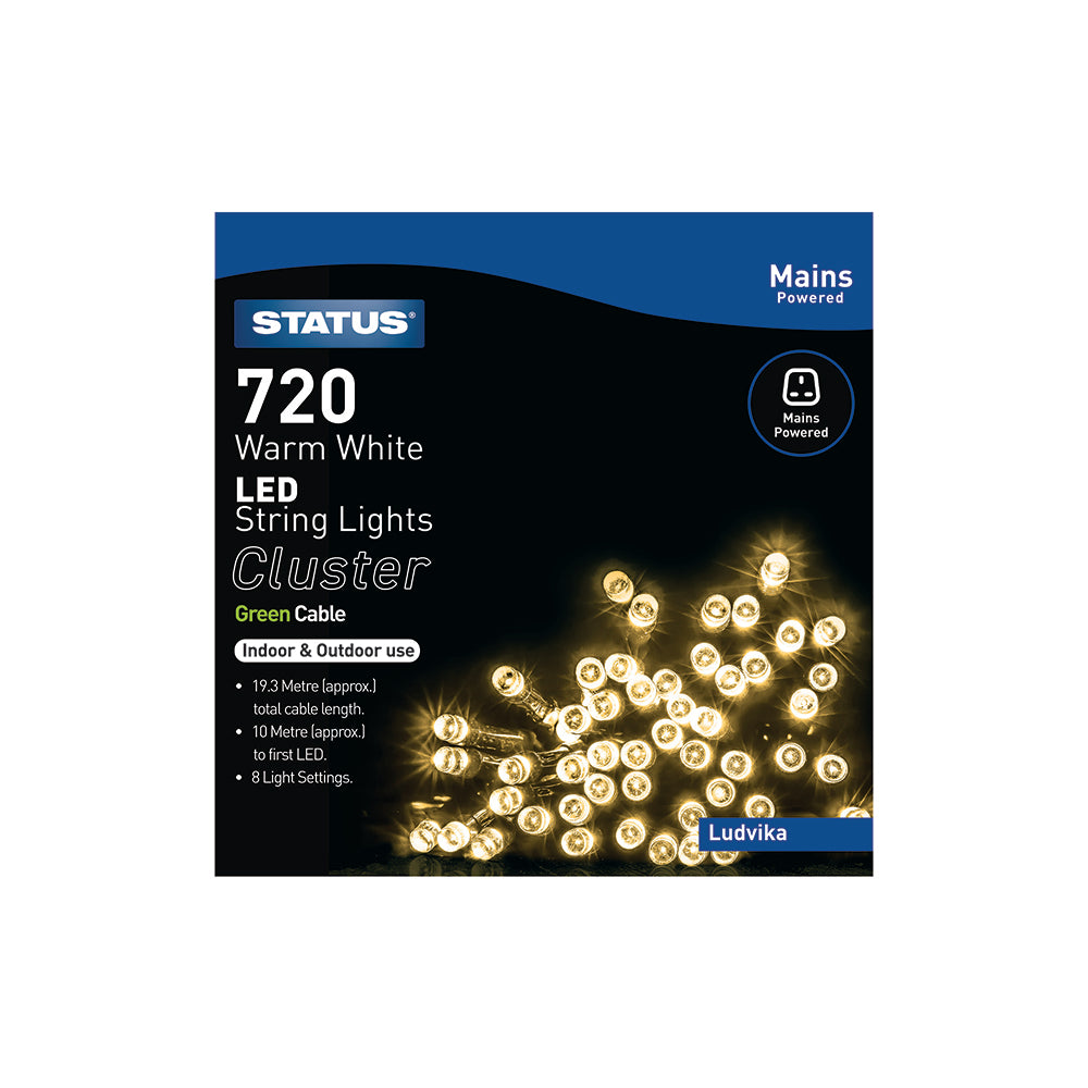 Ludvika -720 - Warm White - LED - Indoor/Outdoor - Mains Powered - Cluster Lights - 8 Functions - Green Cable - 10 Metre Total Cable Length - 9.3M Light Length - IP44 Rated- 1 Pack Glossy Box